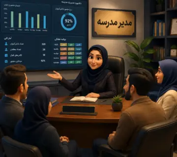 سایت مدرسه هوشمند - مدیر زن مدرسه در جلسه با معلمان با نمایش داشبورد سامانه سایما