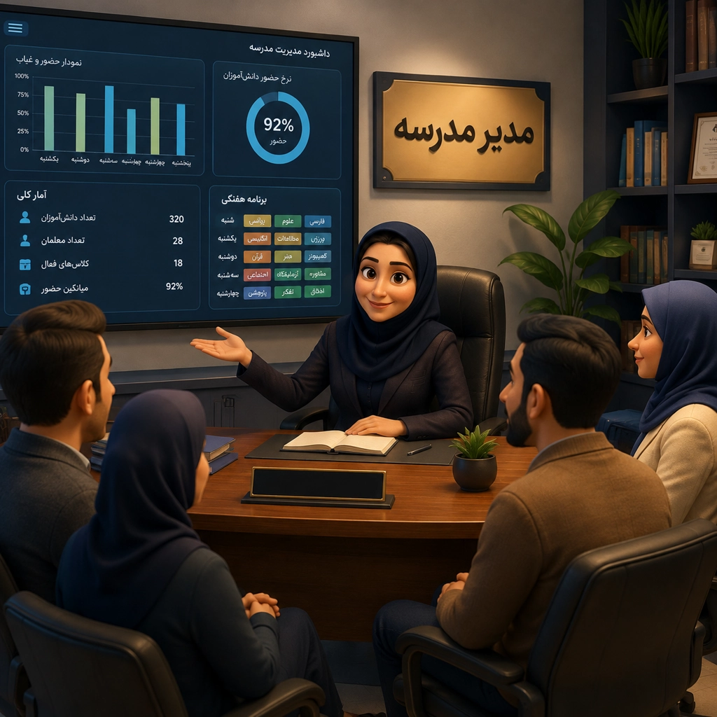 سایت مدرسه هوشمند - مدیر زن مدرسه در جلسه با معلمان با نمایش داشبورد سامانه سایما