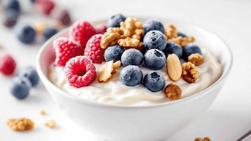 ماست یونانی با توت‌های یخ‌زده و مغزیجات - خوراکی مدرسه