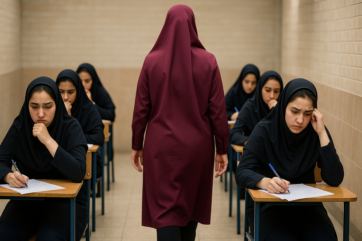 «دانش‌آموزان دختر در حال آزمون در سالن امتحانات مدرسه؛ تمرکز و اندکی استرس، مراقب از پشت در حال نظارت»امتحان نهایی، سالن امتحانات، مدرسه دخترانه، مراقب امتحان، جلسه آزمون