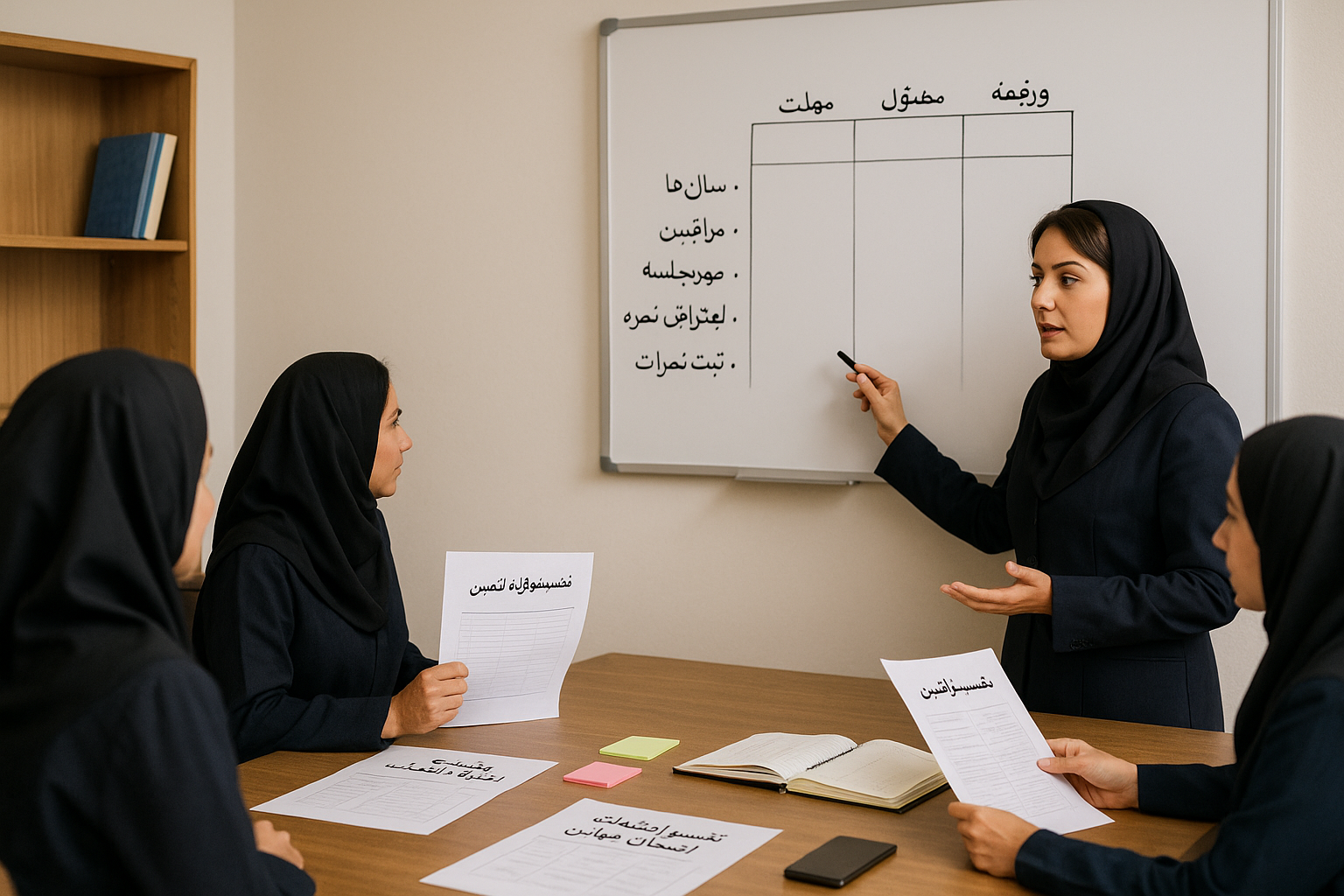 «مدیر مدرسه در حال برنامه‌ریزی امتحان نهایی و تقسیم وظایف امتحانات روی وایت‌برد، با اشاره به مراحل ارزشیابی»