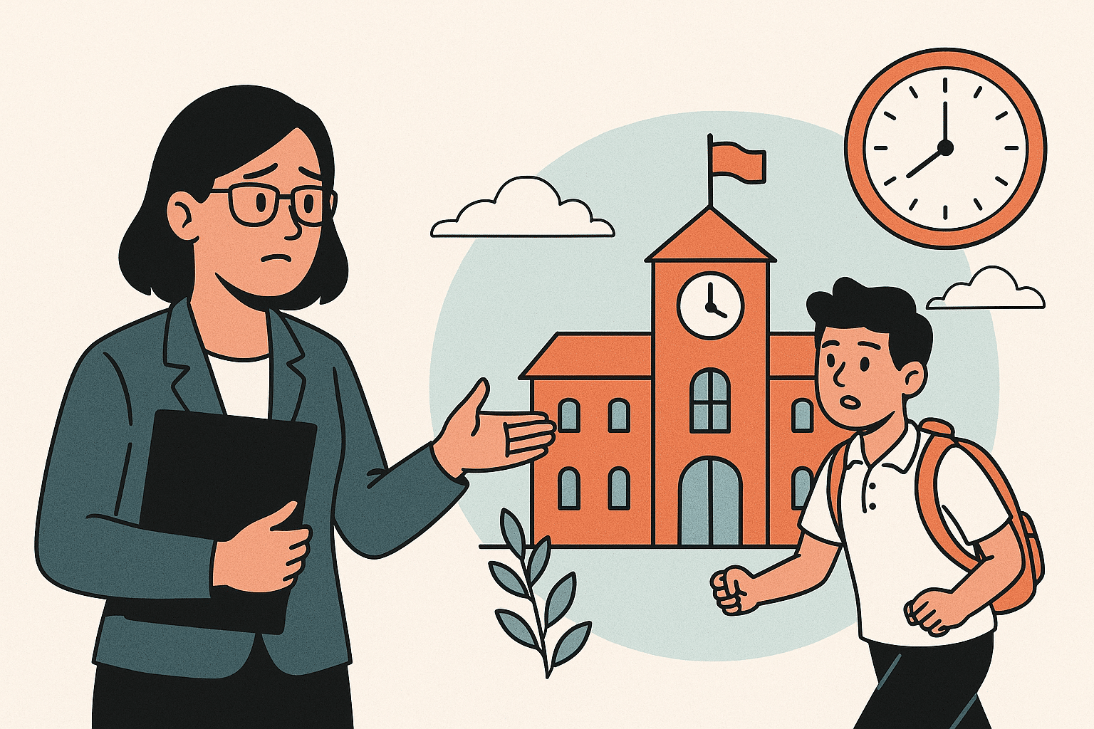 مدیر مدرسهای در حال صحبت با دانشآموزی است که دیر به مدرسه رسیده؛ در پسزمینه ساختمان مدرسه و ساعت دیواری دیده میشود.