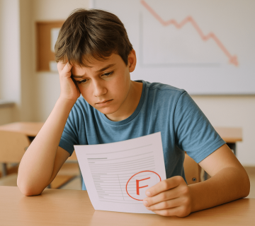 مدیر مدرسه‌ای در حال صحبت با دانش‌آموزی است که دیر به مدرسه رسیده؛ در پس‌زمینه ساختمان مدرسه و ساعت دیواری دیده می‌شود.