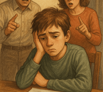 دانش‌آموز پسر بی‌انگیزه و ناامید در حال نگاه کردن به برگه امتحان با نمره پایین است، در حالی‌که والدینش او را سرزنش می‌کنند؛ نمادی از بی‌انگیزگی و فشار خانوادگی در سال تحصیلی.