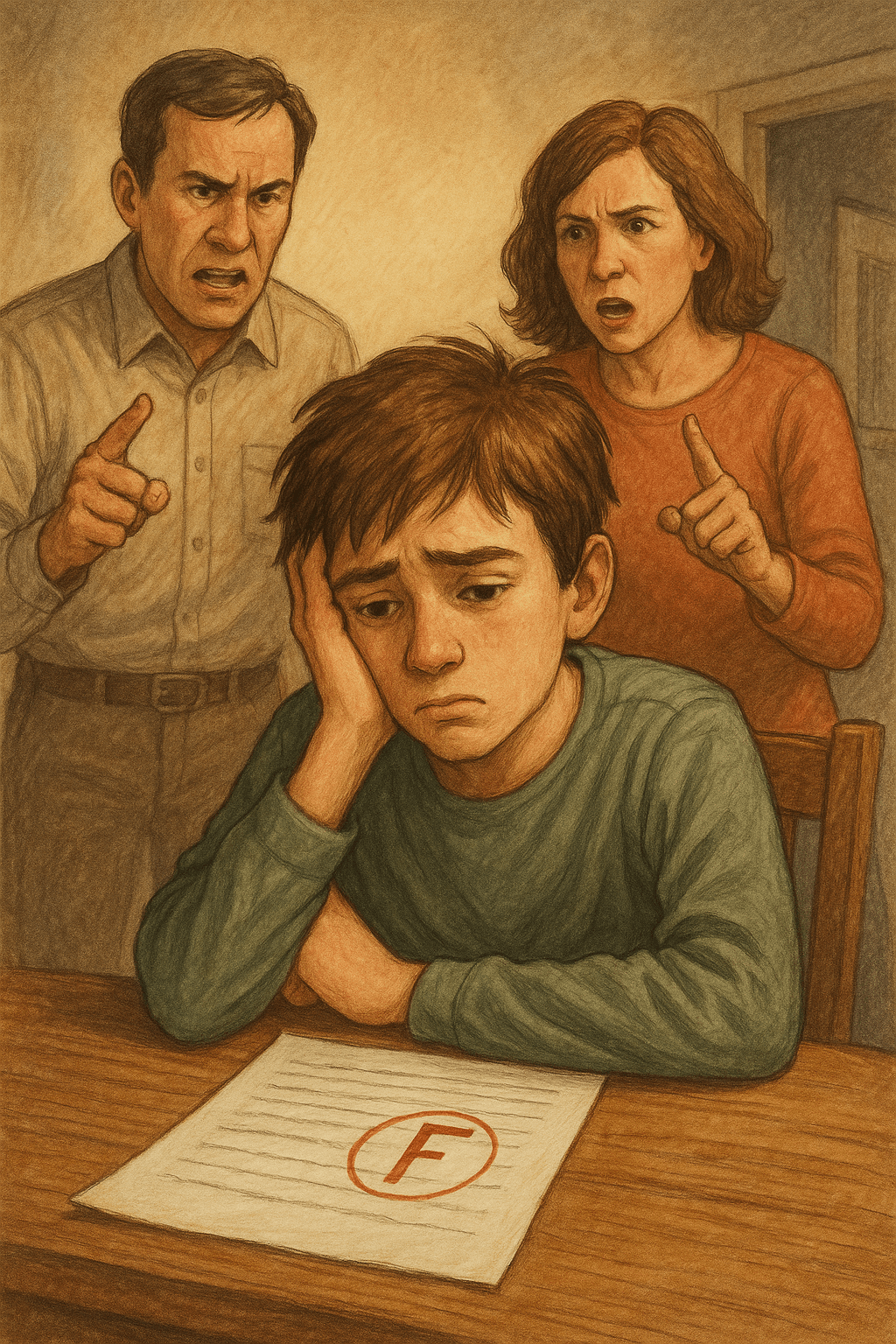 دانشآموز پسر بیانگیزه و ناامید در حال نگاه کردن به برگه امتحان با نمره پایین است، در حالیکه والدینش او را سرزنش میکنند؛ نمادی از بیانگیزگی و فشار خانوادگی در سال تحصیلی.