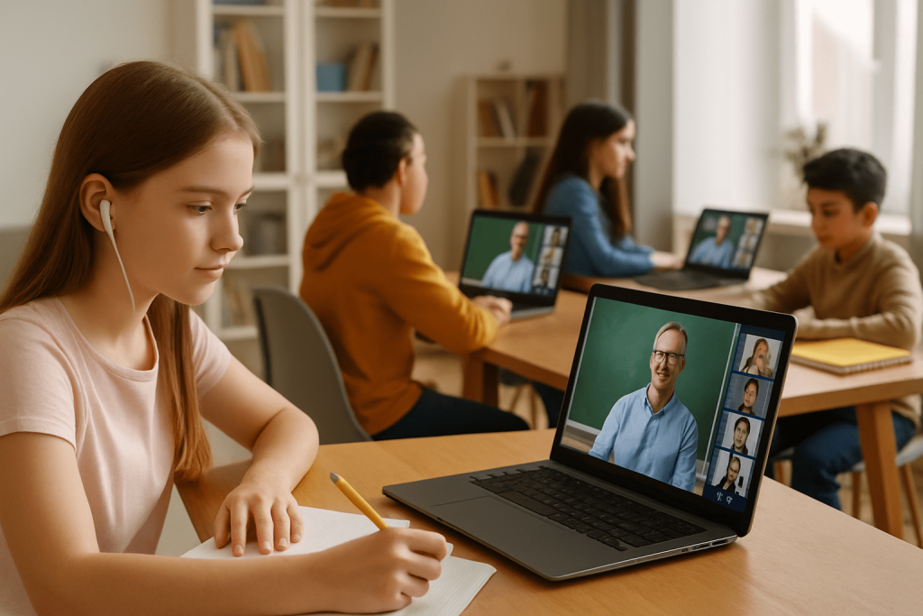 دانش‌آموزان در حال شرکت در کلاس مجازی و ارتباط زنده با دبیر از طریق لپ‌تاپ