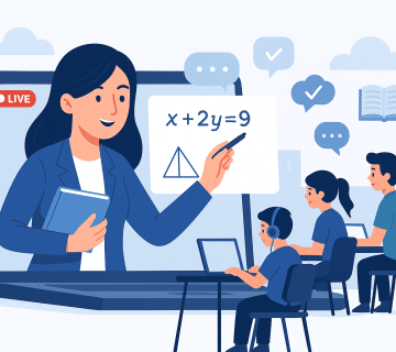 نمایی از تدریس آنلاین معلم و حضور دانش‌آموزان پشت لپ‌تاپ در یک محیط آموزشی دیجیتال