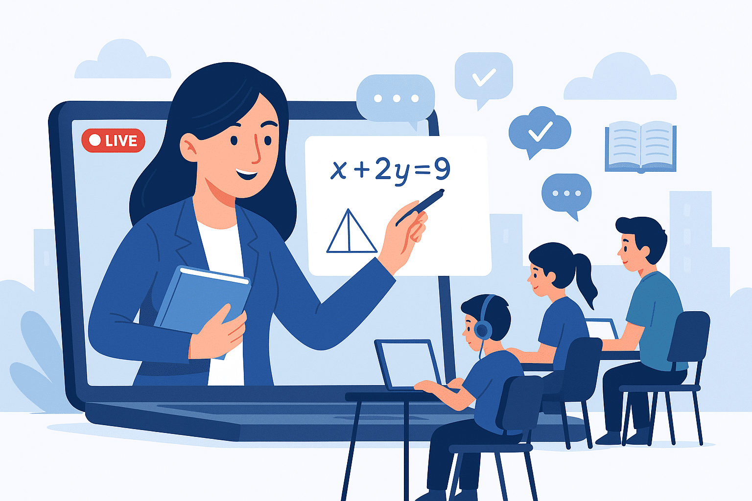 نمایی از تدریس آنلاین معلم و حضور دانش‌آموزان پشت لپ‌تاپ در یک محیط آموزشی دیجیتال