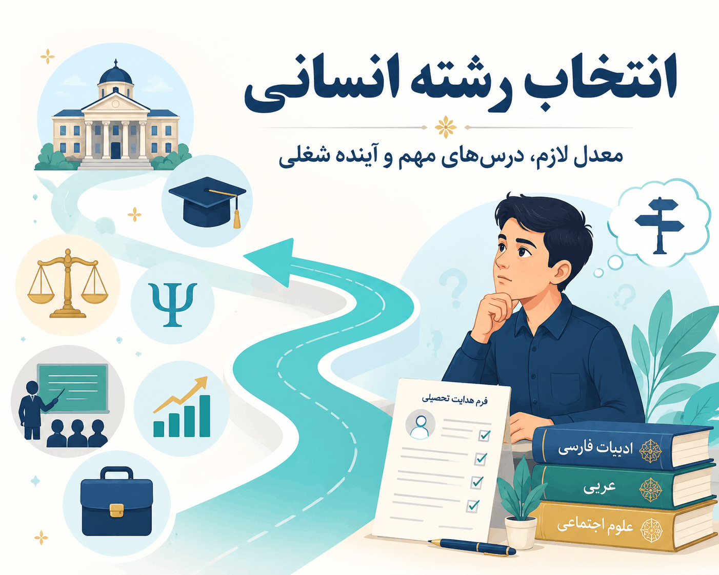 تصویر شاخص مقاله انتخاب رشته انسانی با نمایش دانشآموز پایه نهم، فرم هدایت تحصیلی، درسهای مهم و مسیر آینده شغلی رشته انسانی