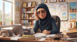 خستگی و کلافگی ناشی از مدیریت سنتی امور مالی و هزینه‌های مدرسه را نشان می‌دهد. این تصویر نمایانگر چالش‌های روزمره یک مدیر در سازماندهی و مدیریت دستی فرآیندهای مدرسه است.»