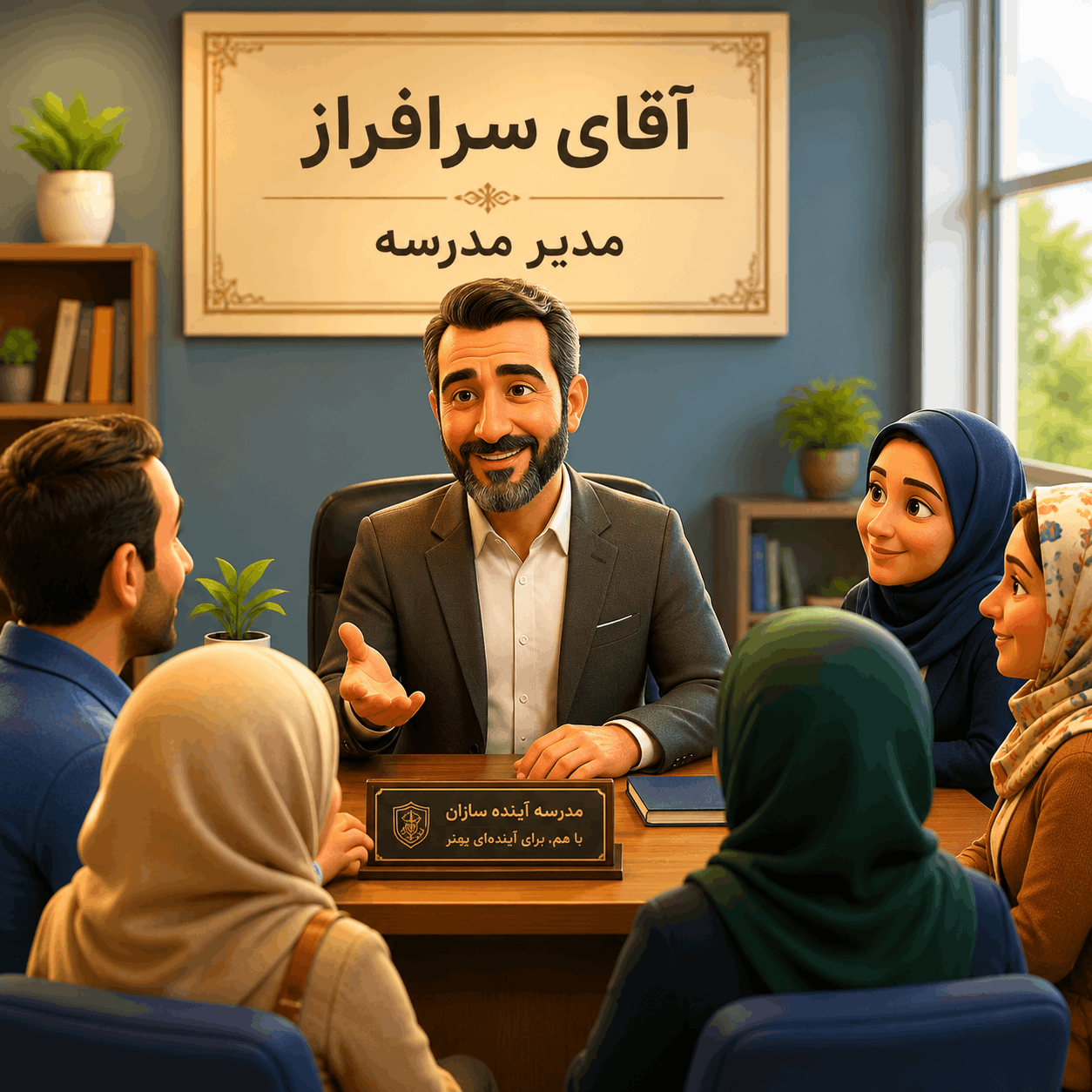 مدیر مدرسه درحال ارتباط و تعامل با خانواده دانش آموزان