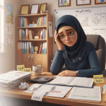 «خانم راد مدیر مدرسه خسته و کلافه در حال بررسی فاکتورها و چالش‌های مدیریت مالی و هزینه‌های سنگین و حسابداری مدرسه پشت میز کار شلوغ»