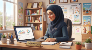 مدیر مدرسه در حال استفاده از سیستم مدیریت هوشمند سایما و تحلیل نمودارهای پیشرفت تحصیلی دانش‌آموزان برای بهبود نظم و عملکرد مدرسه.