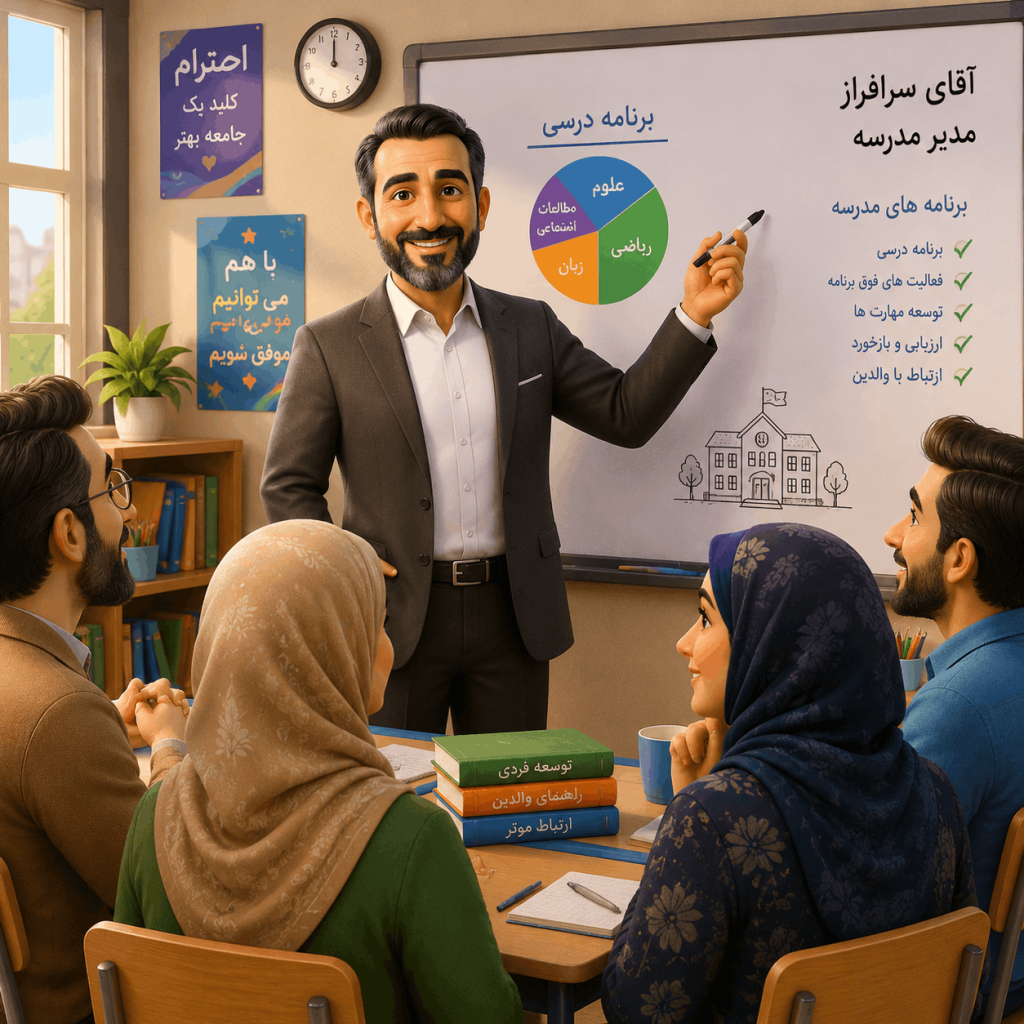مدیر مدرسه درحال تعامل و ارتباط با خانواده دانش آموزان و جلسه اولیا مربیان