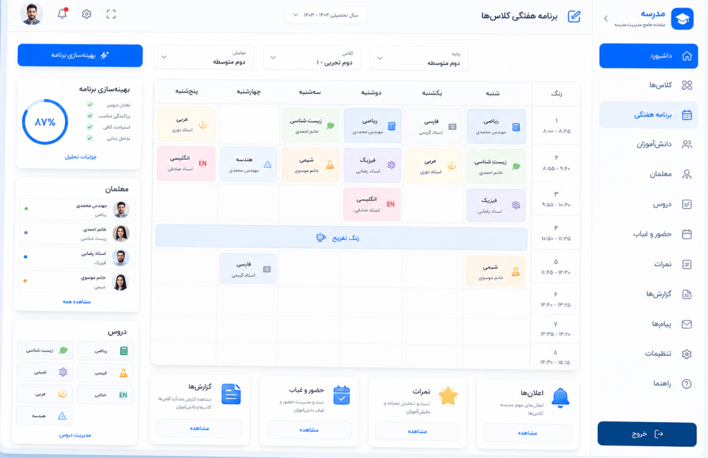 نمونه از صفحه برنامه ریزی هفتگی مدرسه با ابزار های هوشمند هوش مصنوعی سایما
