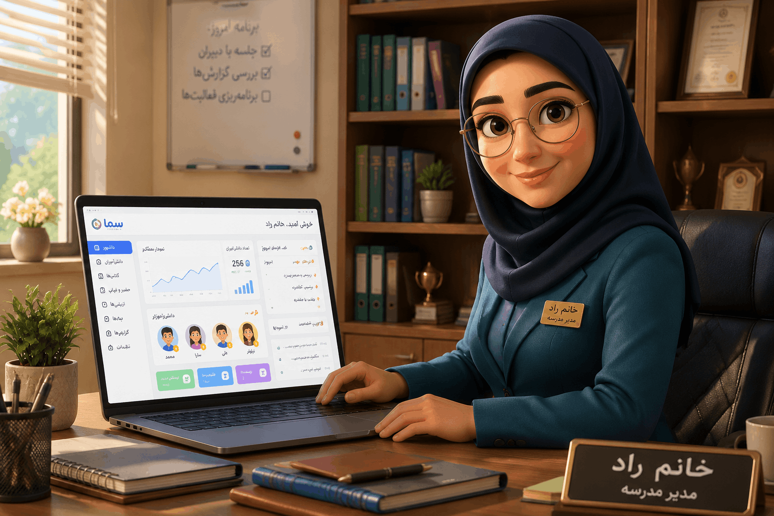 مدیریت مدرسه 2 مدیر مدرسه در حال استفاده از سایت و نرم افزار هوشمند سایما