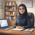 مدیر موفق مدرسه در حال مدیریت هوشمند با سامانه سایما، تصویر سه بعدی شخصیت مدیریتی در دفتر کار مدرن مدرسه