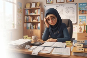 خستگی و کلافگی ناشی از مدیریت سنتی امور مالی و هزینههای مدرسه را نشان میدهد. این تصویر نمایانگر چالشهای روزمره یک مدیر در سازماندهی و مدیریت دستی فرآیندهای مدرسه است. که بدون اپلیکیشن مدرسه درحال انجام است»
