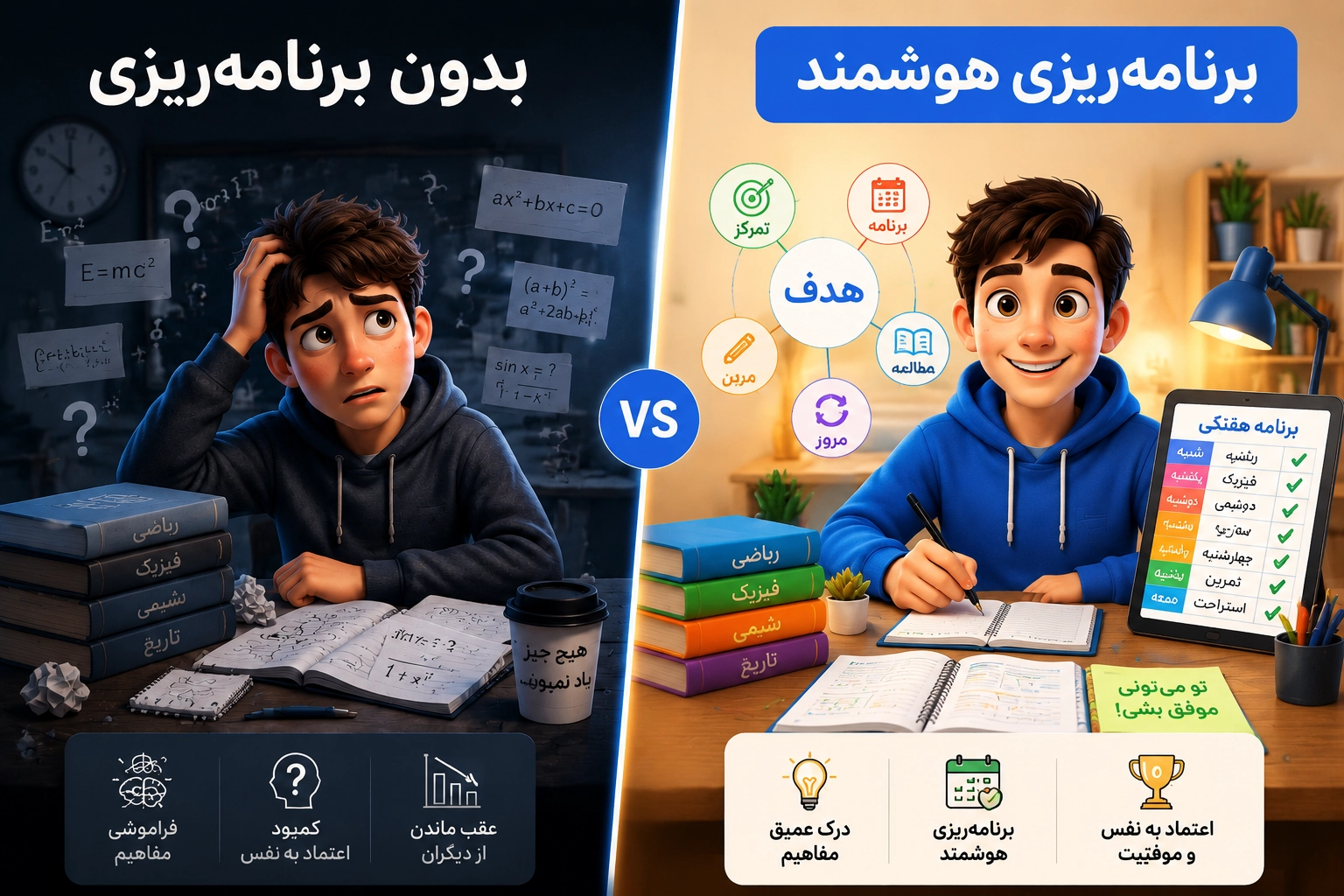 مقایسه مطالعه بدون برنامهریزی با برنامهریزی هوشمند در سایت مدرسه و اپلیکیشن مدرسه