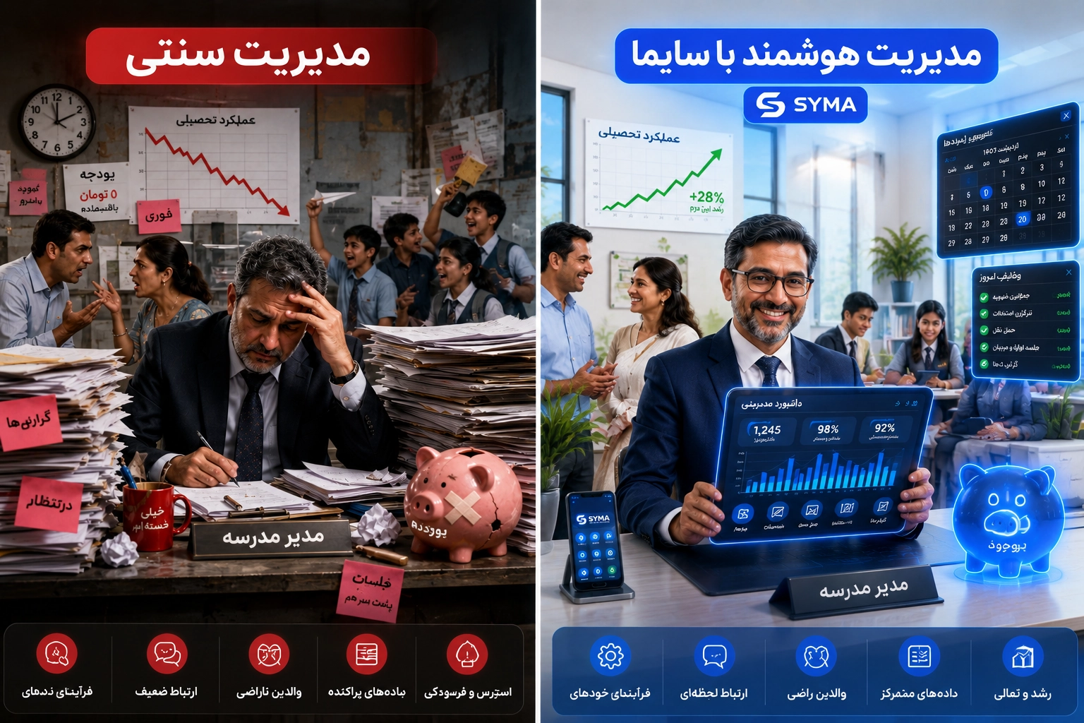 مقایسه مدیریت سنتی مدرسه با مدیریت هوشمند با استفاده از اپلیکیشن مدرسه سایما و سایت مدرسه (یک مدیر موفق)
