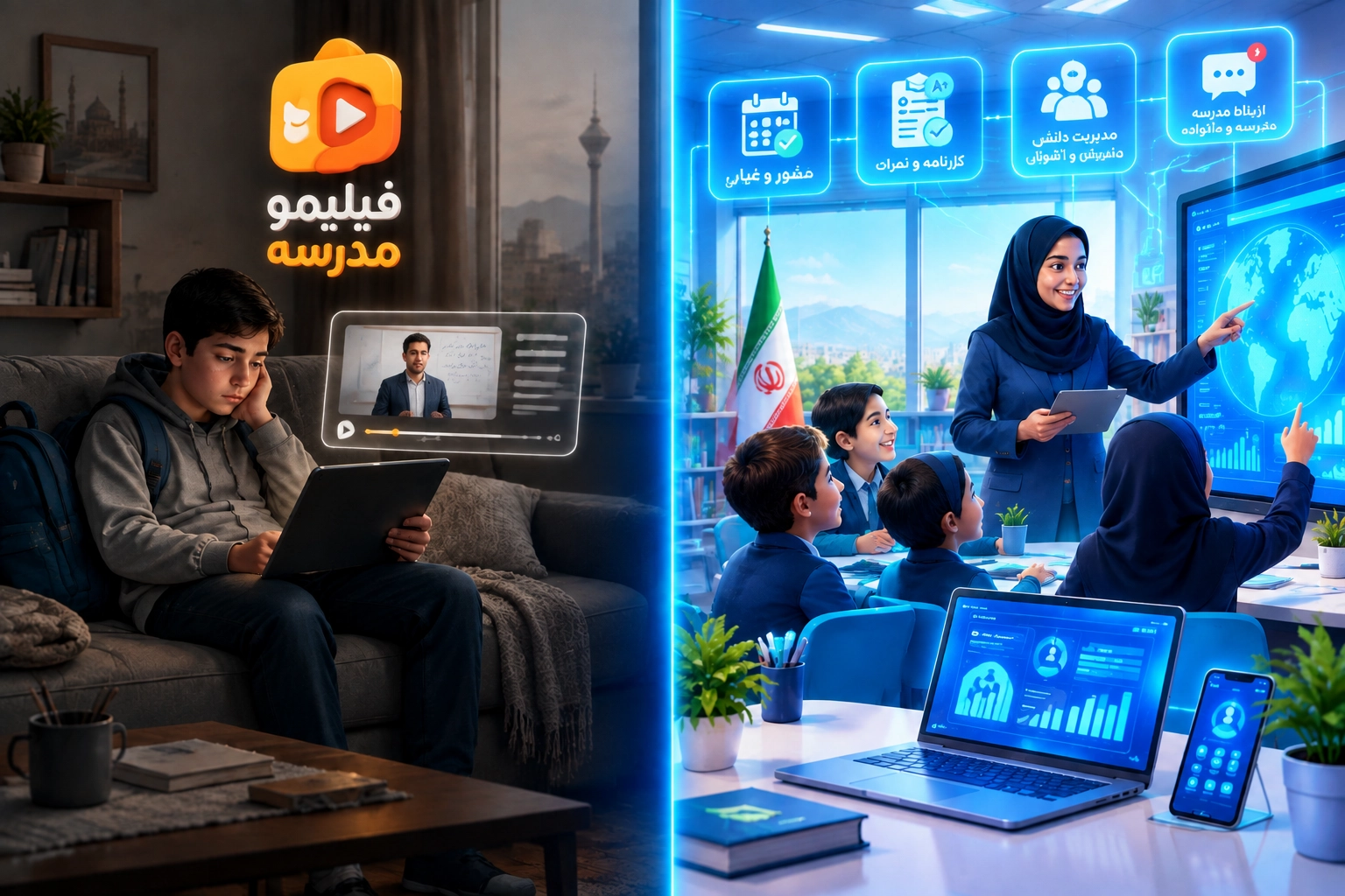 مقایسه فیلیمو مدرسه با سایت مدرسه هوشمند؛ تماشای منفعل ویدیو در برابر مدیریت یکپارچه کلاس، نمرات و ارتباط با والدین
