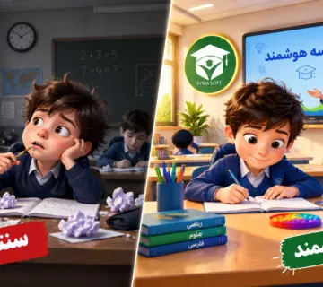 کلاس شلوغ و سنتی در برابر کلاس آرام، مدرن و سازمان‌یافته در یک مدرسه هوشمند با نرم افزار مدرسه سایما
