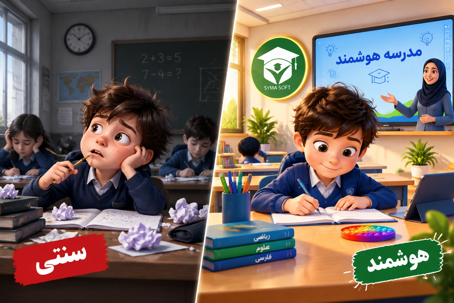 کلاس شلوغ و سنتی در برابر کلاس آرام، مدرن و سازمانیافته در یک مدرسه هوشمند با نرم افزار مدرسه سایما